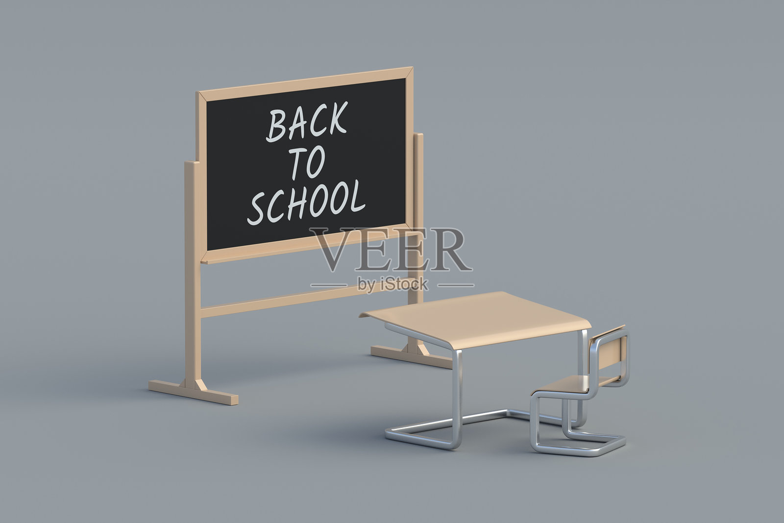 教室里桌椅旁的黑板上写着返校词汇。知识概念。3D渲染。照片摄影图片