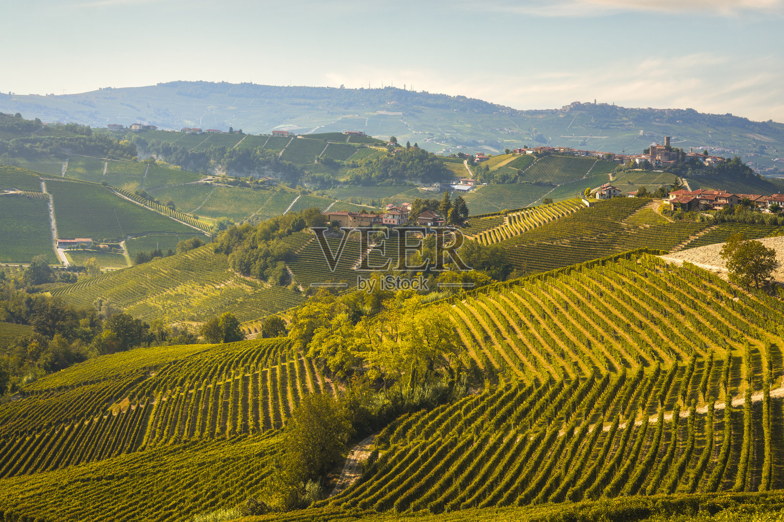 朗格葡萄园风景与卡斯蒂廖内·法莱托村。意大利皮埃蒙特。照片摄影图片