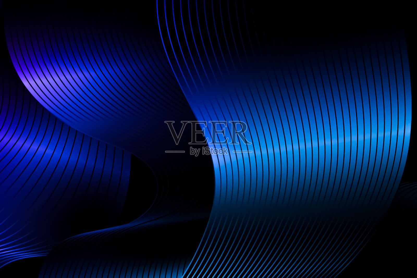 黑色背景上流动着鲜艳的蓝色和紫色霓虹灯线条,抽象的未来主义设计照片摄影图片