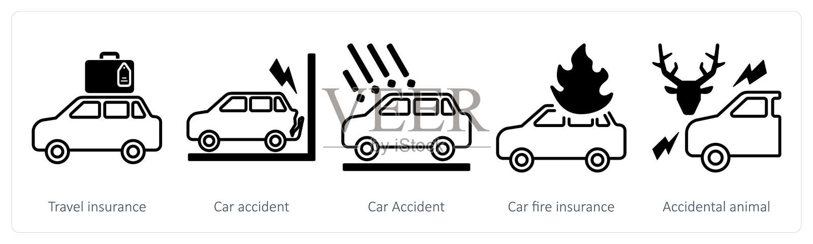 一组包含旅行保险、车祸、汽车火灾保险的5个混合图标插画图片素材