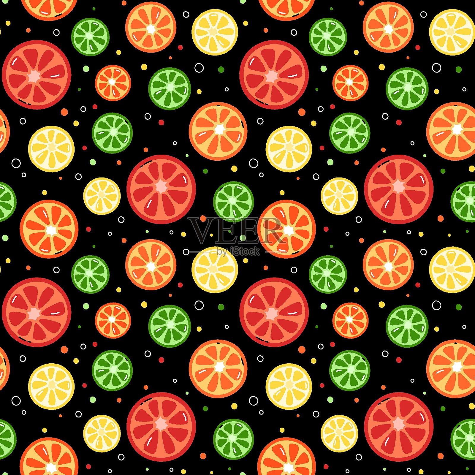 柑橘图案。黑色矢量背景上有五彩斑斓的橙子、柠檬、葡萄柚和青柠片。重复的夏季设计,简单的水果切片印刷。插画图片素材