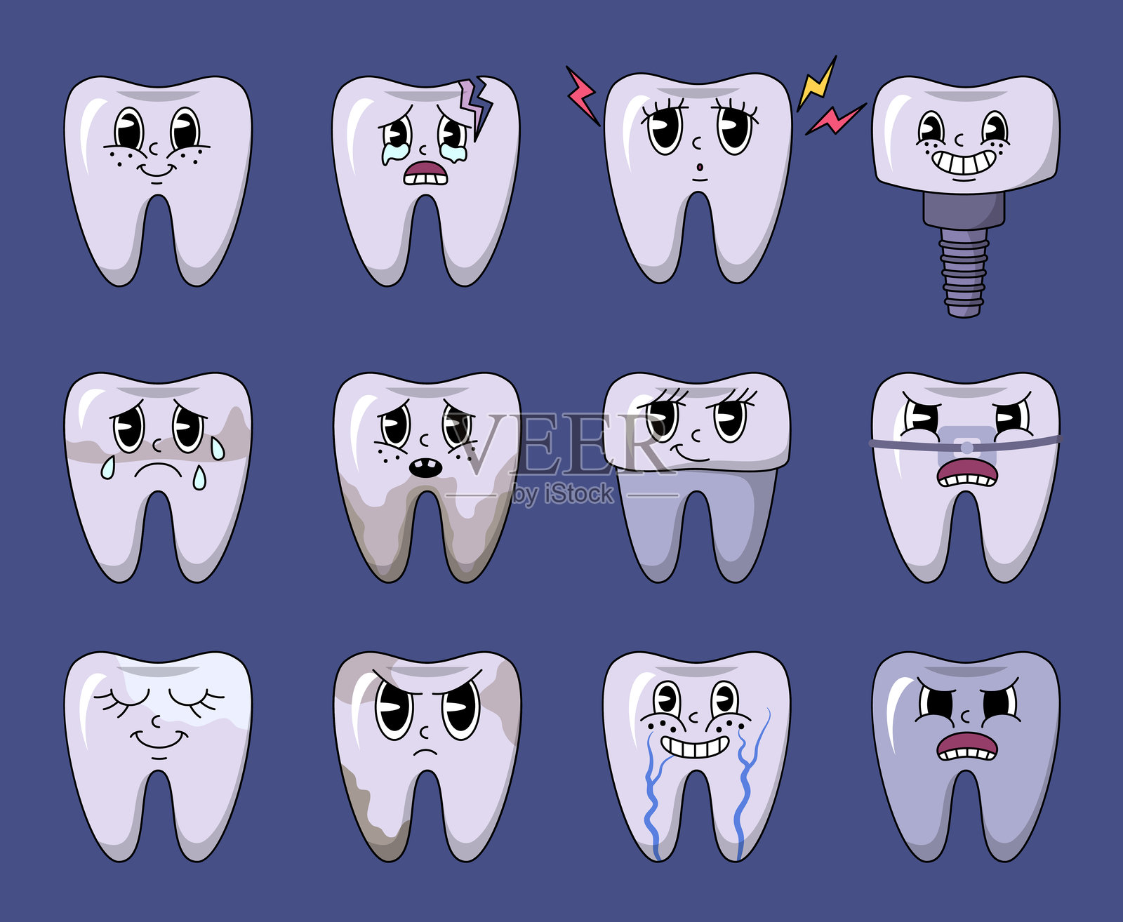 卡通色彩复古时尚牙齿角色套装。矢量图插画图片素材
