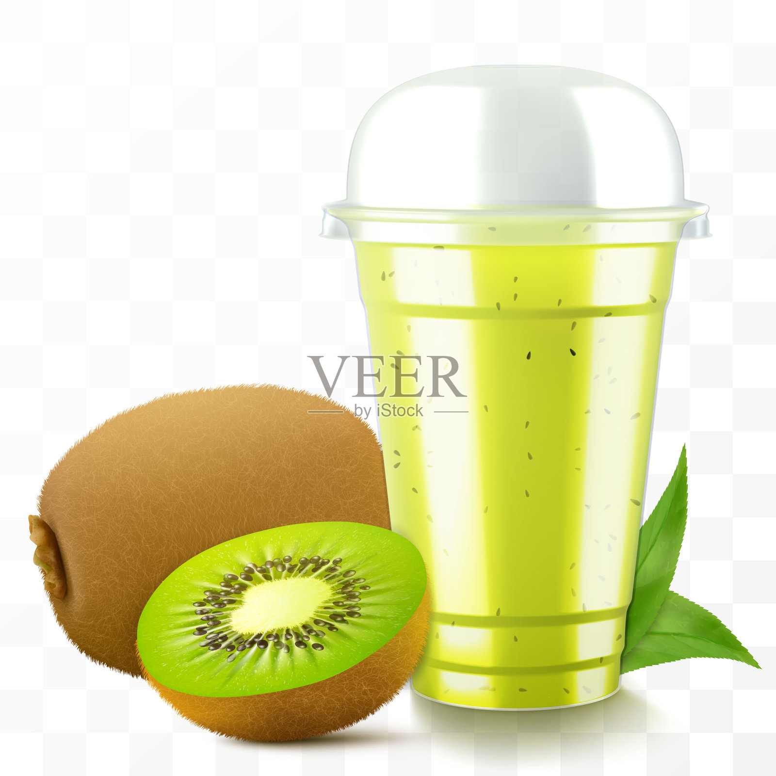 透明塑料杯装有猕猴桃汁或冰沙。水果鸡尾酒。带有圆顶盖的杯子适合奶昔、柠檬水或冷饮。水果有机奶昔的杯子。逼真的3D矢量模板。插画图片素材