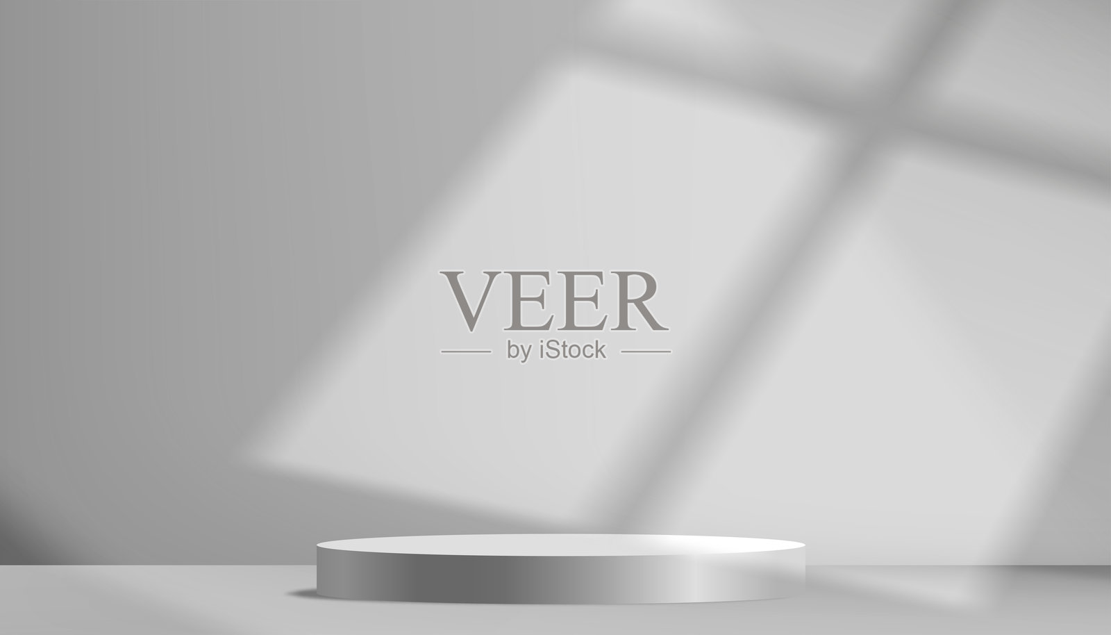 白色背景上有光影的3D灰色圆形展台,适用于化妆品产品设计横幅,矢量抽象极简主义的基座平台模型,配有白色墙壁的室内工作室。插画图片素材
