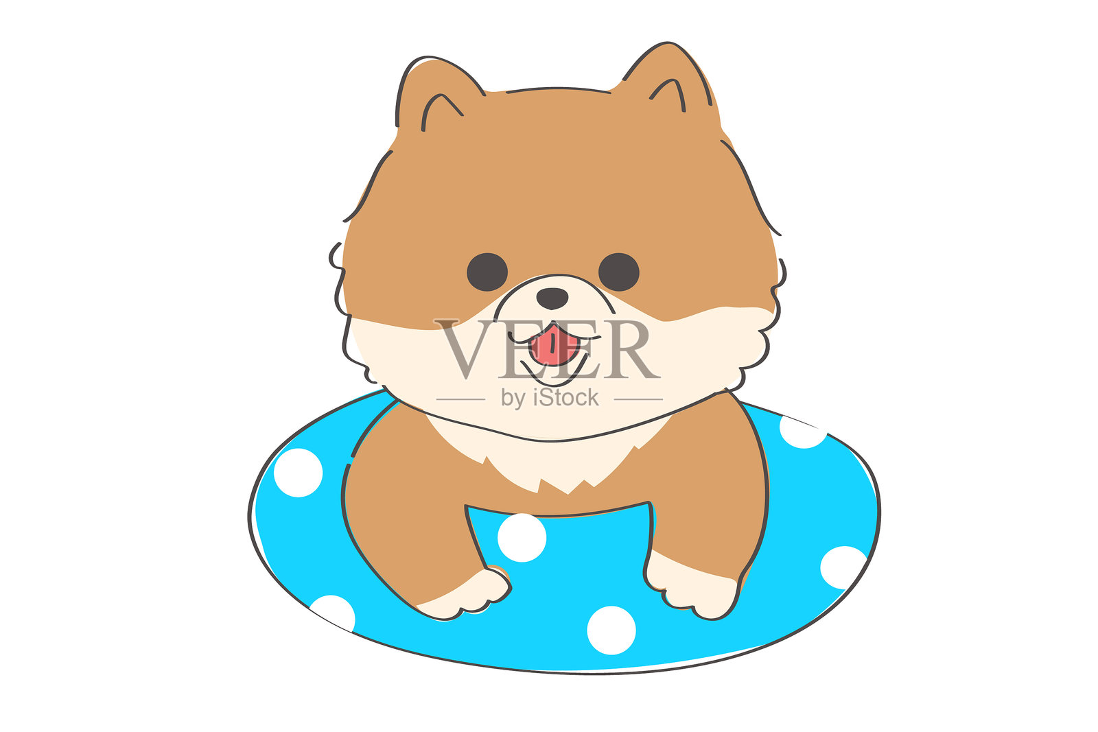 一幅可爱的手绘插图,描绘了一只浮在游泳圈上的博美犬插画图片素材