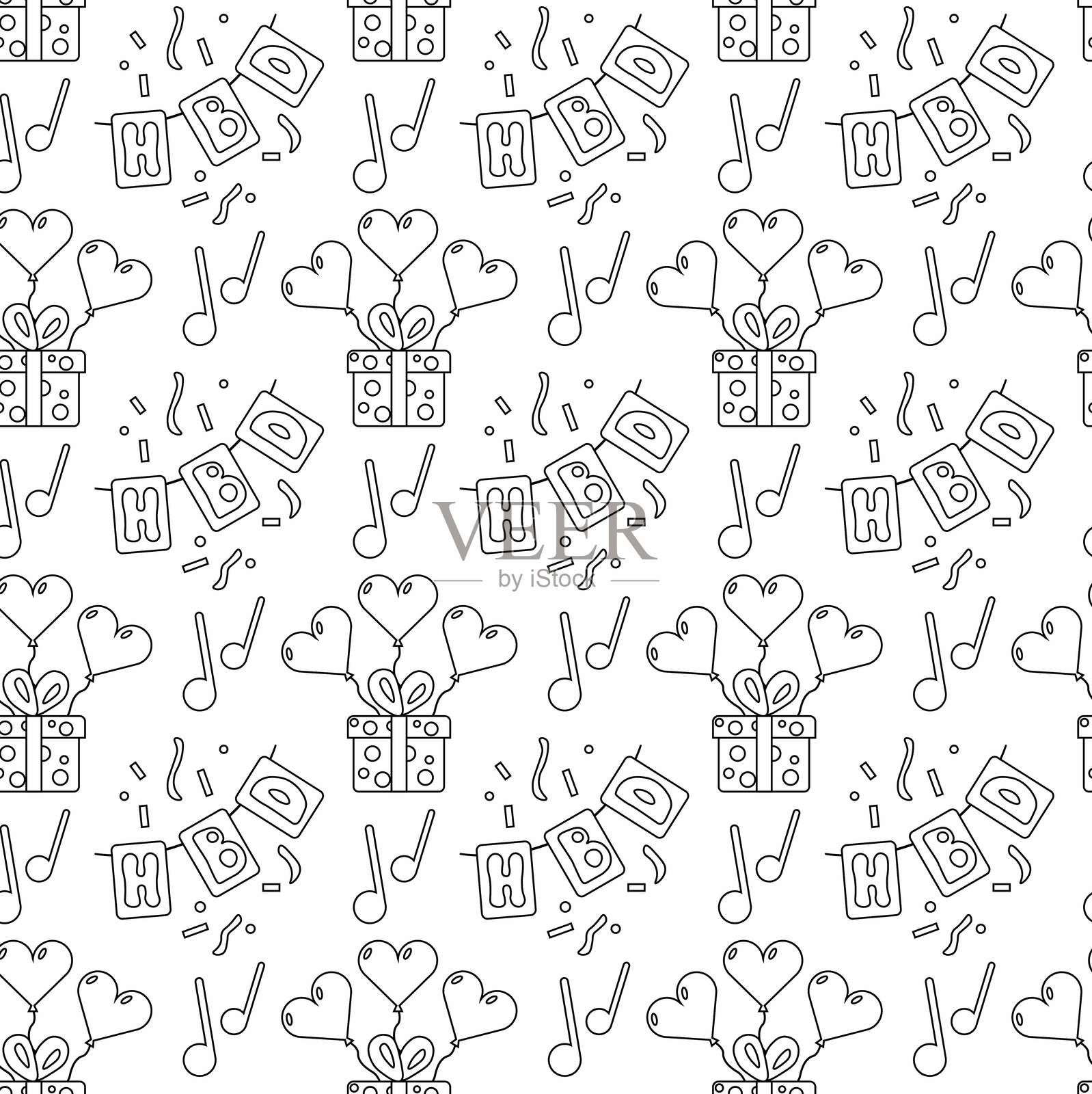 单色派对主题无缝图案,轮廓设计。包含蛋糕、气球和五彩纸屑。插画图片素材