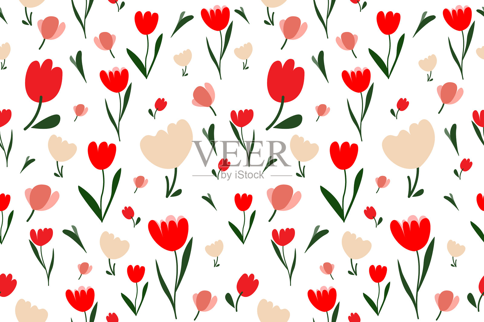 无缝图案,包含郁金香。小花和大花头饰混合。白色背景。插画图片素材