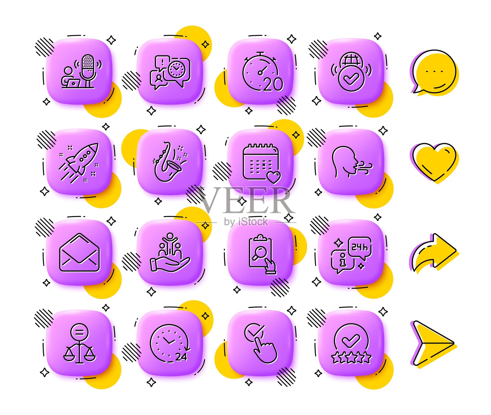 爵士乐、计时器和医疗日历线条图标。用于网页应用和印刷。应用程序3D按钮图标。矢量图。插画图片素材