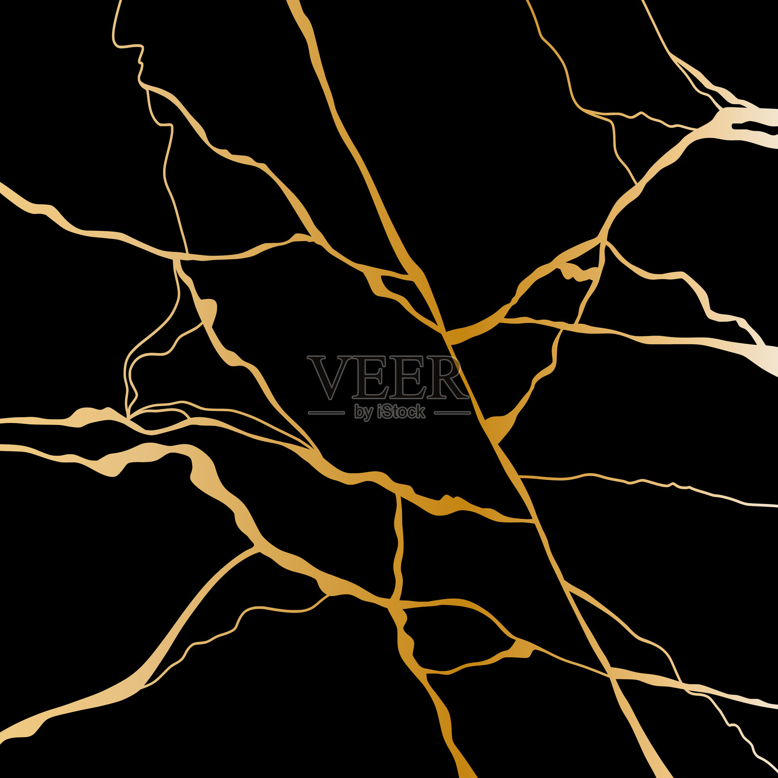 金缮裂纹黑色壁纸。金缮图案,黑色背景上有精致的金色裂纹线条。插画图片素材