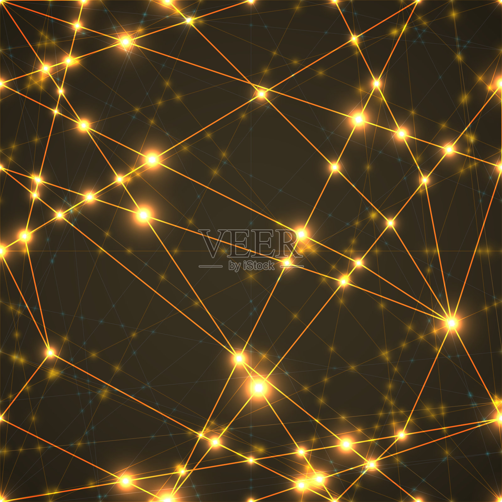 在黑暗背景上,发光的金色网络节点通过明亮的线条连接,形成一个未来感的数字技术图案,适用于创新和沟通主题。插画图片素材