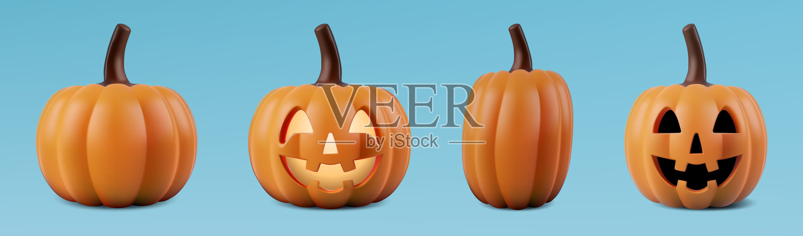 南瓜微笑万圣节3D。可爱的雕刻南瓜灯面具矢量图标,快乐的逼真表情南瓜。头部面孔鬼魂发光并飞舞。儿童塑料贴纸独立。橙色万圣节邀请元素。插画图片素材