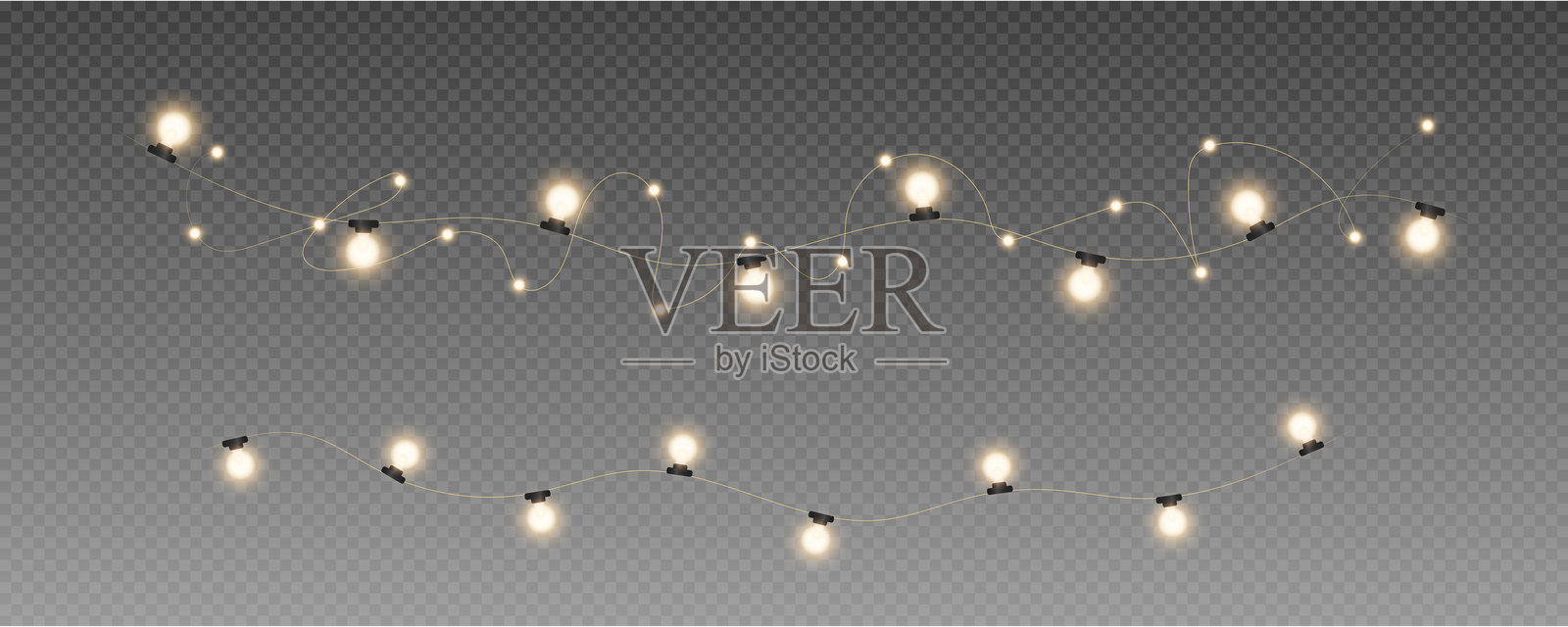 圣诞节和新年发光的灯泡和灯饰花环。假日贺卡、背景、名片的设计元素,透明背景的矢量图。照片摄影图片