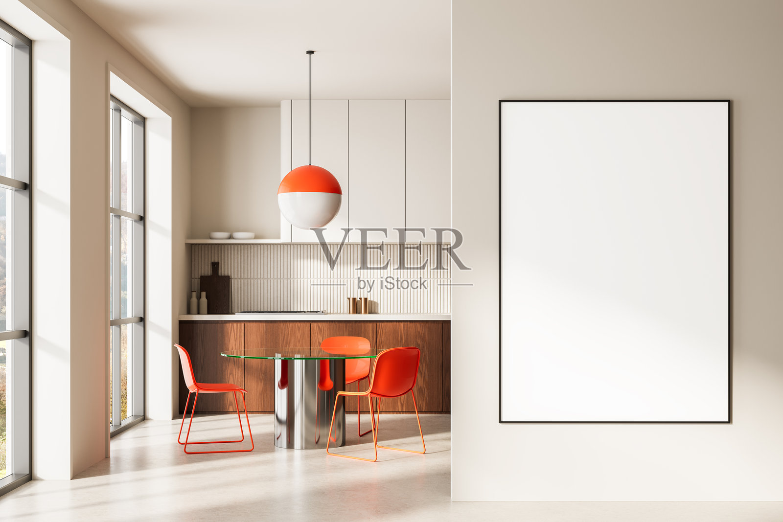 现代厨房室内,橙色椅子、时尚吊灯和米色墙壁上的空白画框,阳光充足的开放空间。3D渲染图照片摄影图片