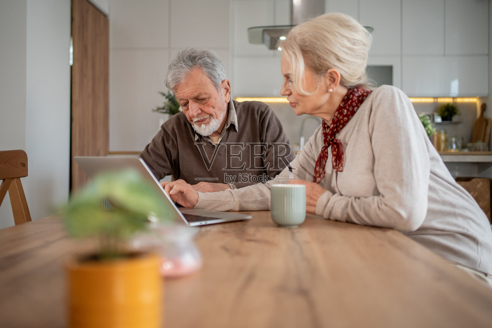 老年夫妇在家厨房里使用笔记本电脑照片摄影图片
