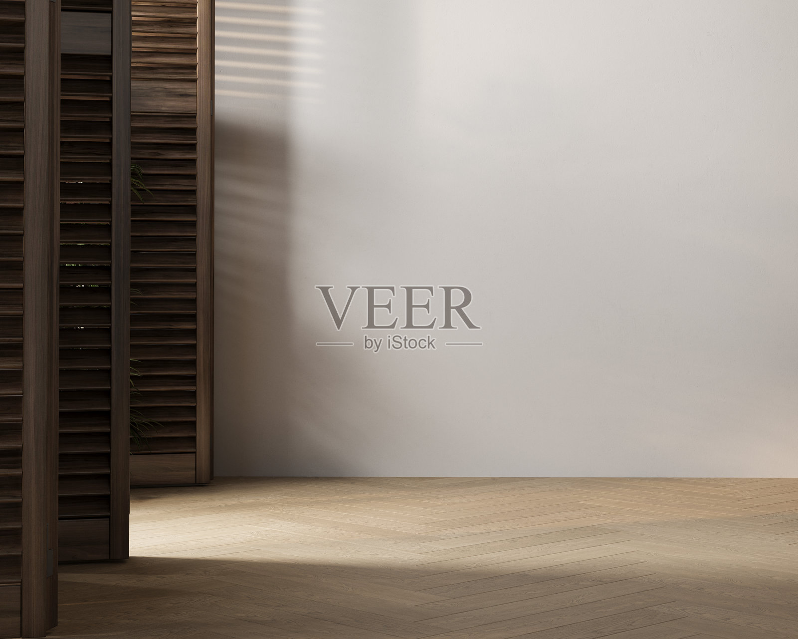 空荡荡的房间,呈人字形木地板,木百叶窗,阳光在中性色墙壁上投射出柔和的图案。3D渲染图照片摄影图片