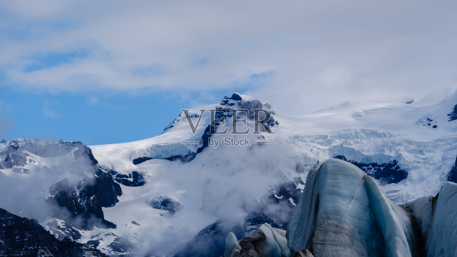 雄伟的斯维纳费尔斯冰川在冰岛荒野的明亮蓝天下耸立。照片摄影图片