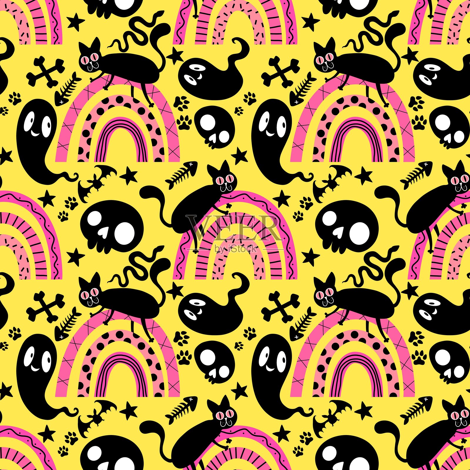 万圣节无缝猫图案,适用于面料、纺织品和包装插画图片素材