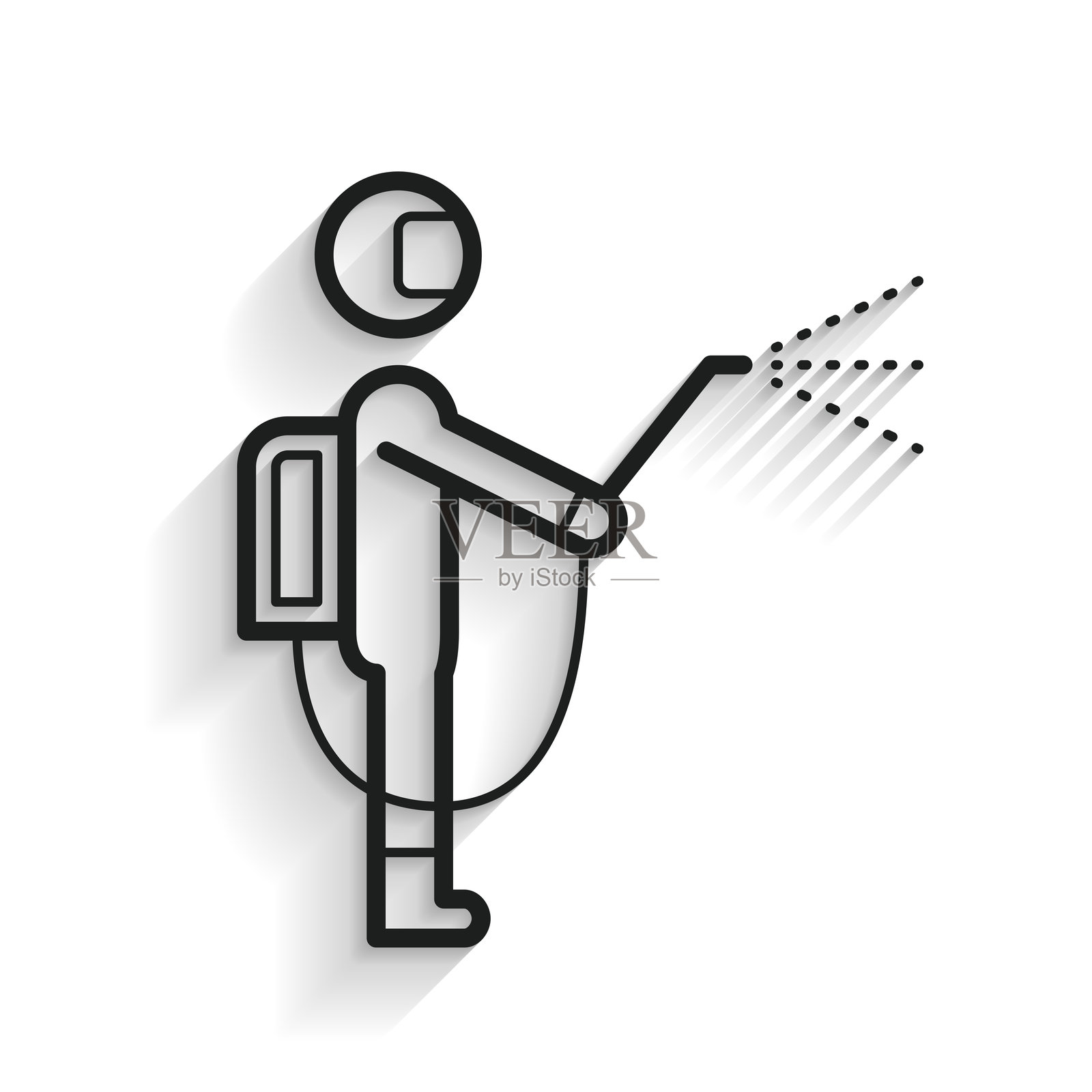 穿着防护服并喷洒消毒剂的人。白色背景上的长阴影线条图标插画图片素材