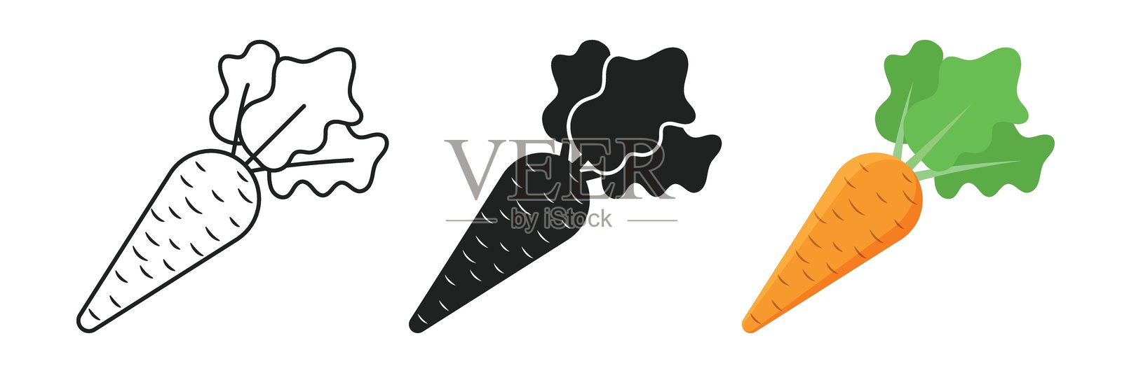 胡萝卜蔬菜图标集,扁平风格。健康食品矢量插图,背景为白色。自然饮食标志商业概念。插画图片素材