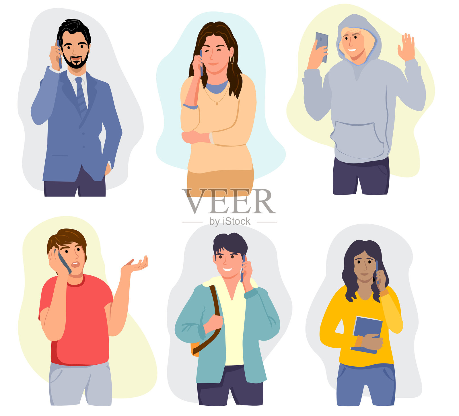 Diverse happy people using mobile phone set. Men, women and students holding smartphone for technology or internet communication concept. Characters collection. Flat Cartoon Vector Illustration.插画图片素材