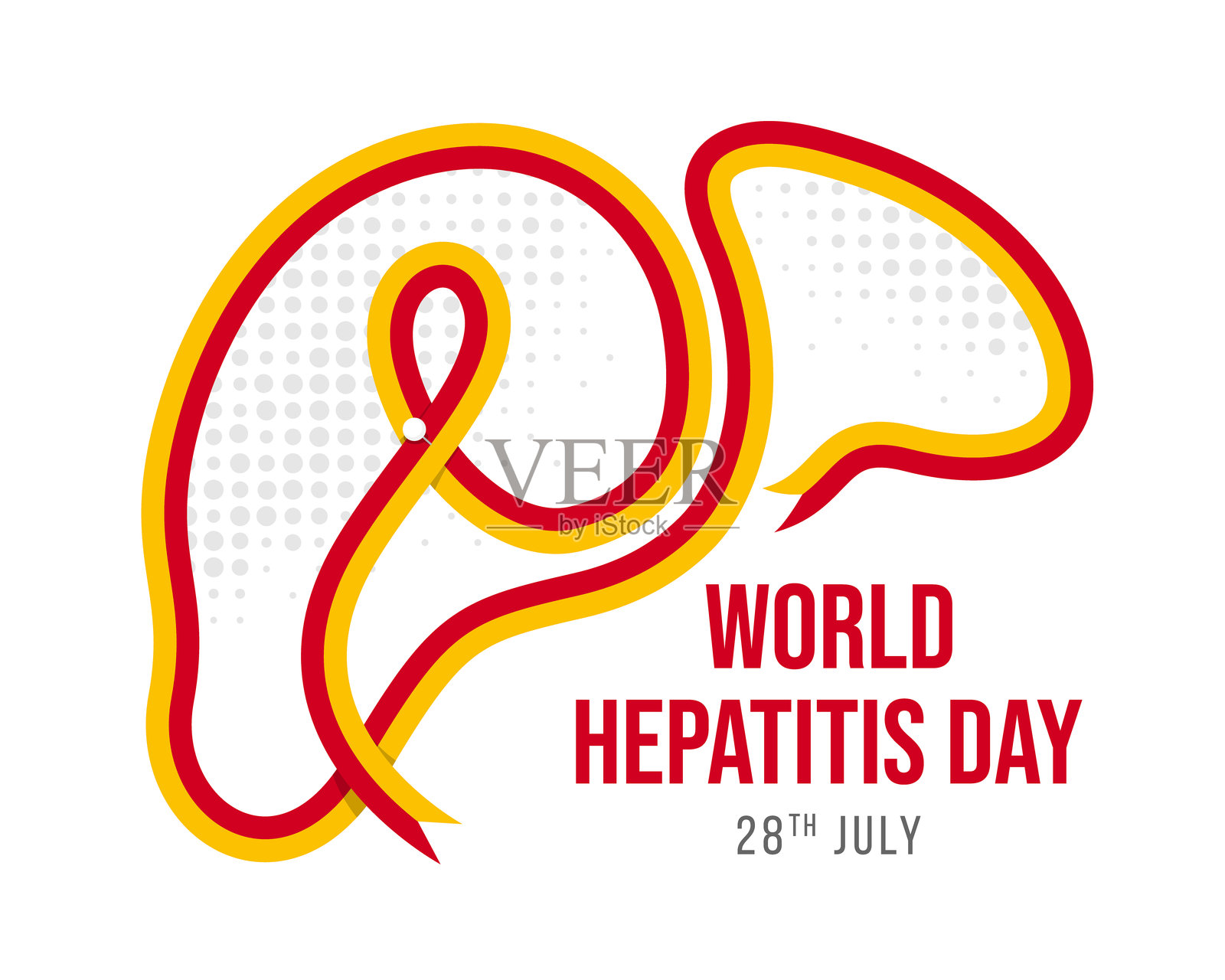 世界肝炎日 - 红黄丝带标志,带别针并滚动成肝脏形状,点状纹理矢量设计插画图片素材