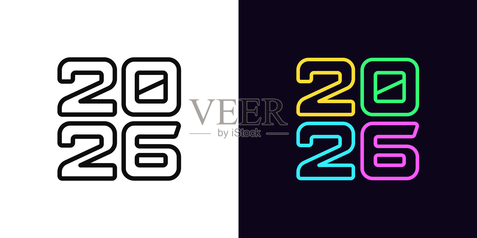 2026年图标轮廓,带可编辑的线条。2026年以方形形状呈现,数字设计。文本2026,创意年份数字,新趋势,图形设计,活动封面标签。矢量图标插画图片素材