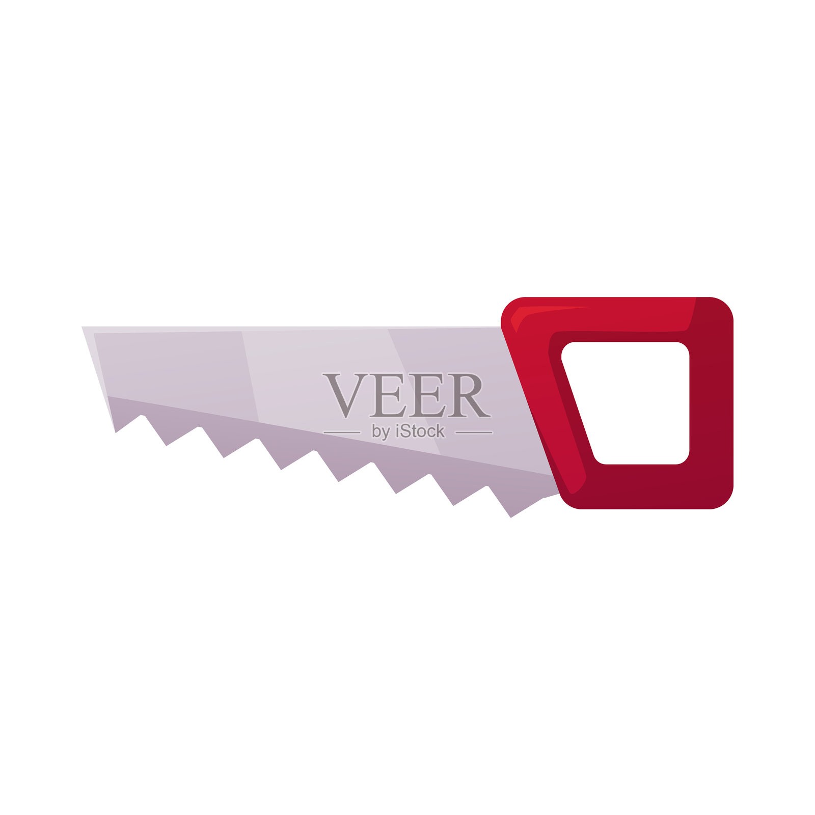 手锯修理工具 3D 平面图标,带红色塑料手柄的卡通锯子,机械师、管道工或园艺工具插画图片素材