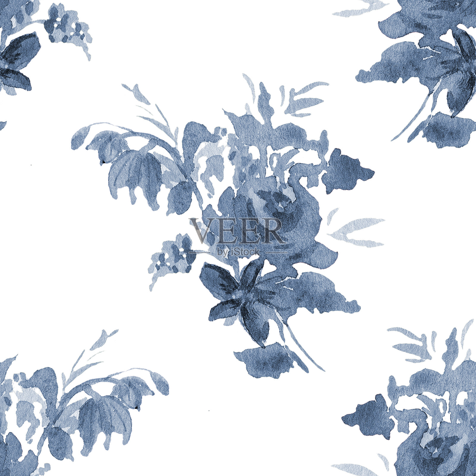 蓝色水彩无缝花卉抽象图案。插画图片素材