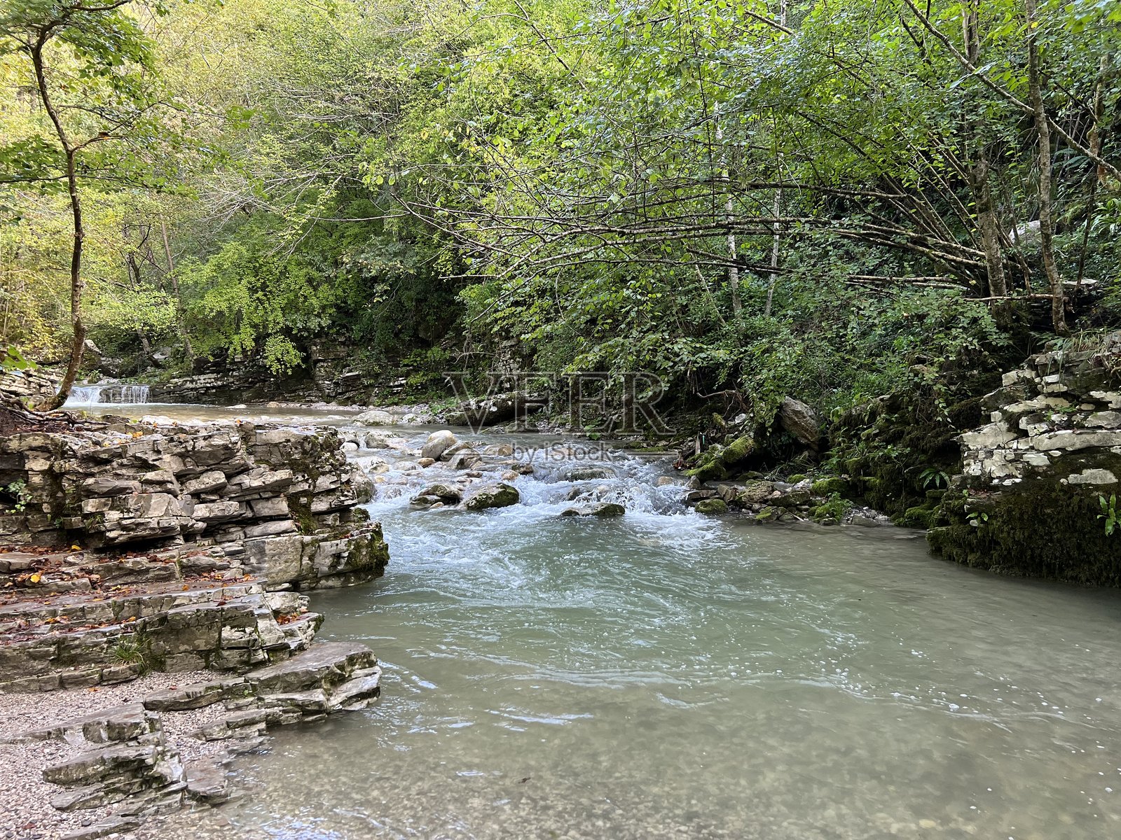 科兹亚克溪在与索恰河交汇处上方的峡谷(斯洛文尼亚科巴里德)照片摄影图片