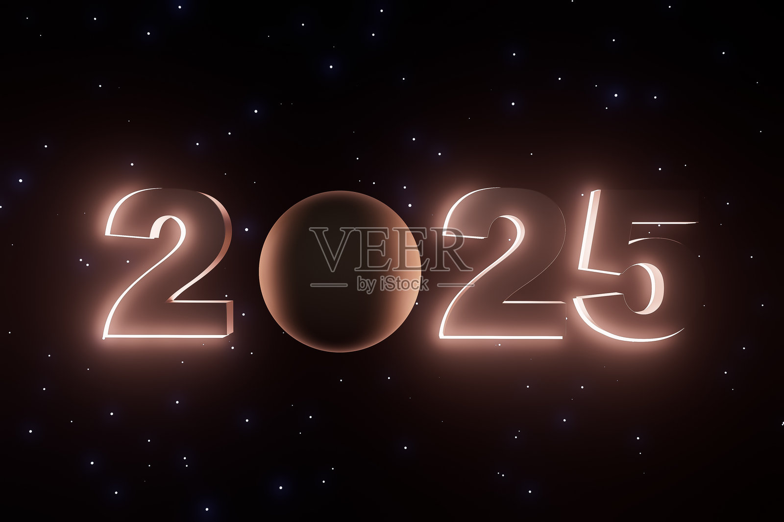 一个发光的标志,上面写着“2025”,背景是黑暗的。照片摄影图片