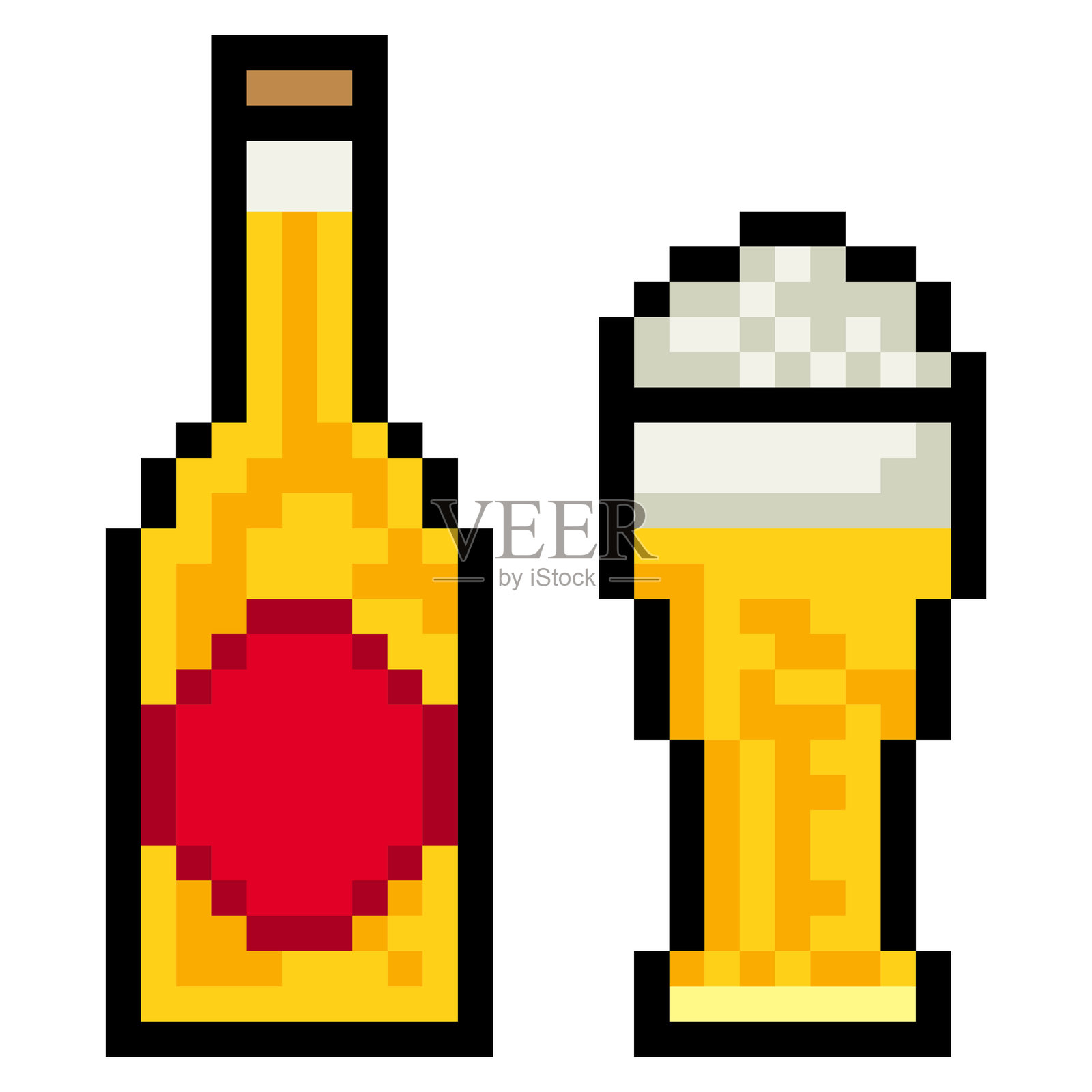 像素艺术风格的啤酒瓶和啤酒杯,孤立在白色背景上插画图片素材