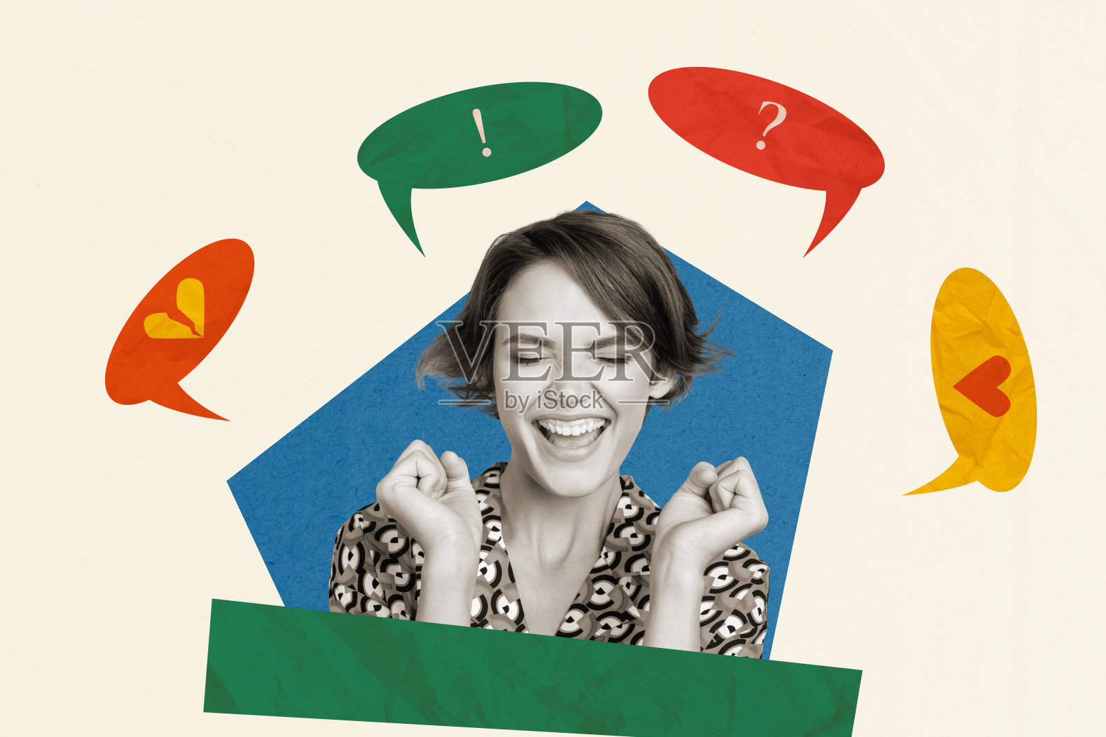 创意抽象模板拼贴,兴奋女性的获胜演讲情感表达,幻想广告牌漫画杂志,极简风格照片摄影图片