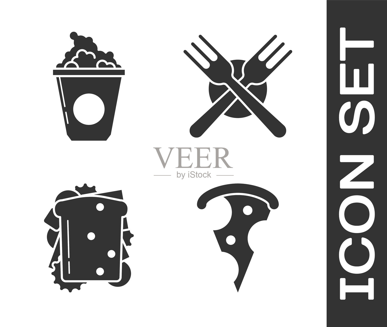 披萨切片、纸箱中的爆米花、三明治和交叉的叉子图标。矢量图。插画图片素材