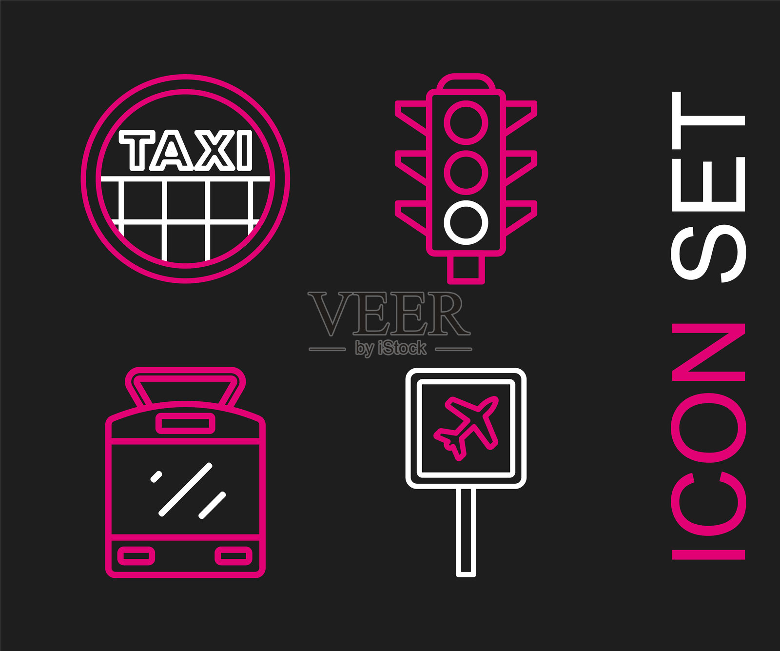 机场、轻轨和铁路、交通信号灯和出租车车顶图标。矢量图。插画图片素材