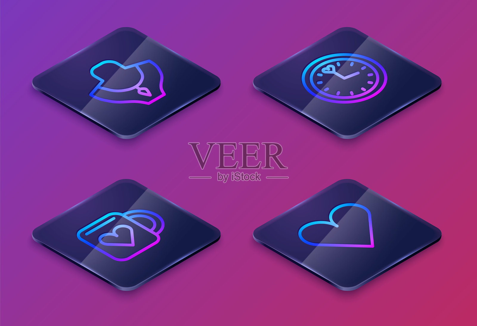 等距线项链放在模特上,咖啡杯和心形,时钟和心形。蓝色方形按钮。矢量图。插画图片素材