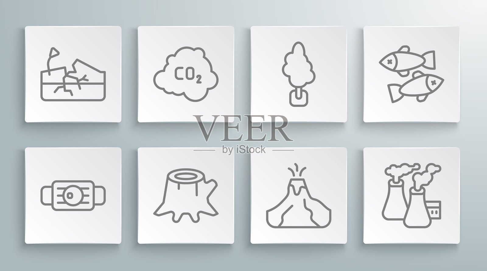 医疗防护口罩,云中的二氧化碳排放,树桩,火山喷发与熔岩,工厂烟雾,死鱼和地震图标。矢量图插画图片素材