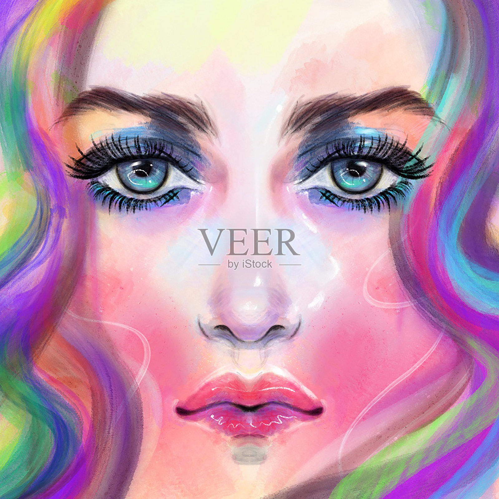 表现力丰富的油画肖像,正面女性面孔,伴有墨水和色彩的飞溅与溅洒插画图片素材