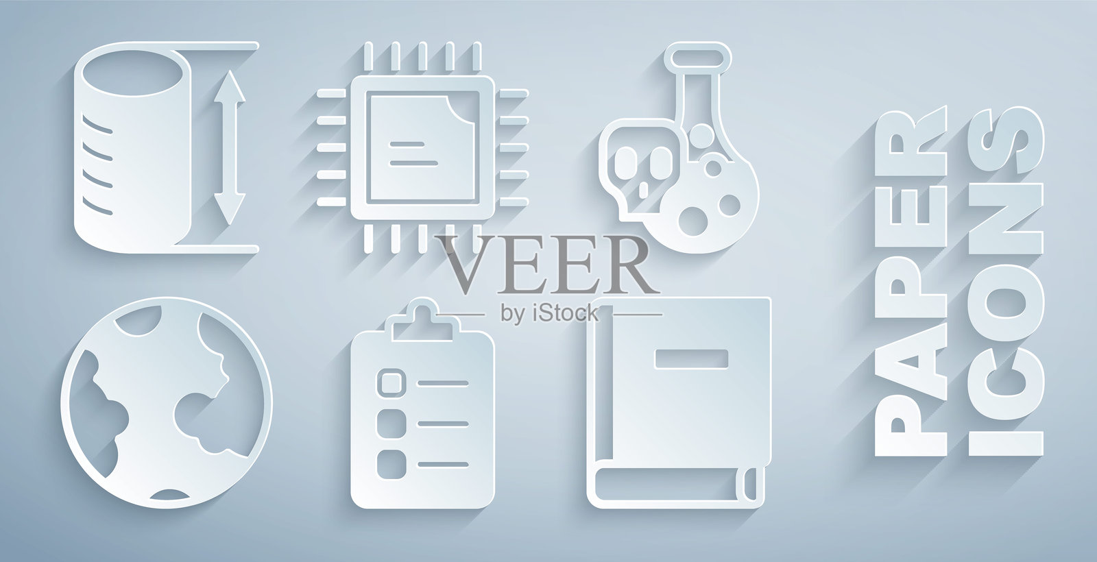 待办事项列表或计划,装有有毒液体的试管,地球仪,科学书籍,处理器CPU和高度几何图形图标。矢量图。插画图片素材