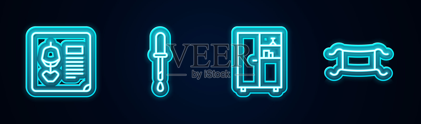 线条X光片、移液管、药柜和医用防护口罩。发光霓虹图标。矢量图。插画图片素材