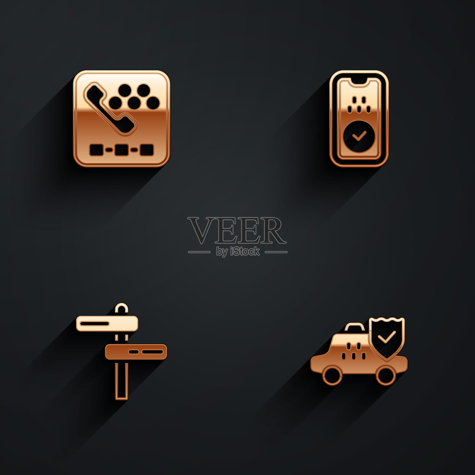 出租车呼叫电话服务、移动应用、交通标志和带长阴影的汽车保险图标。矢量图。插画图片素材