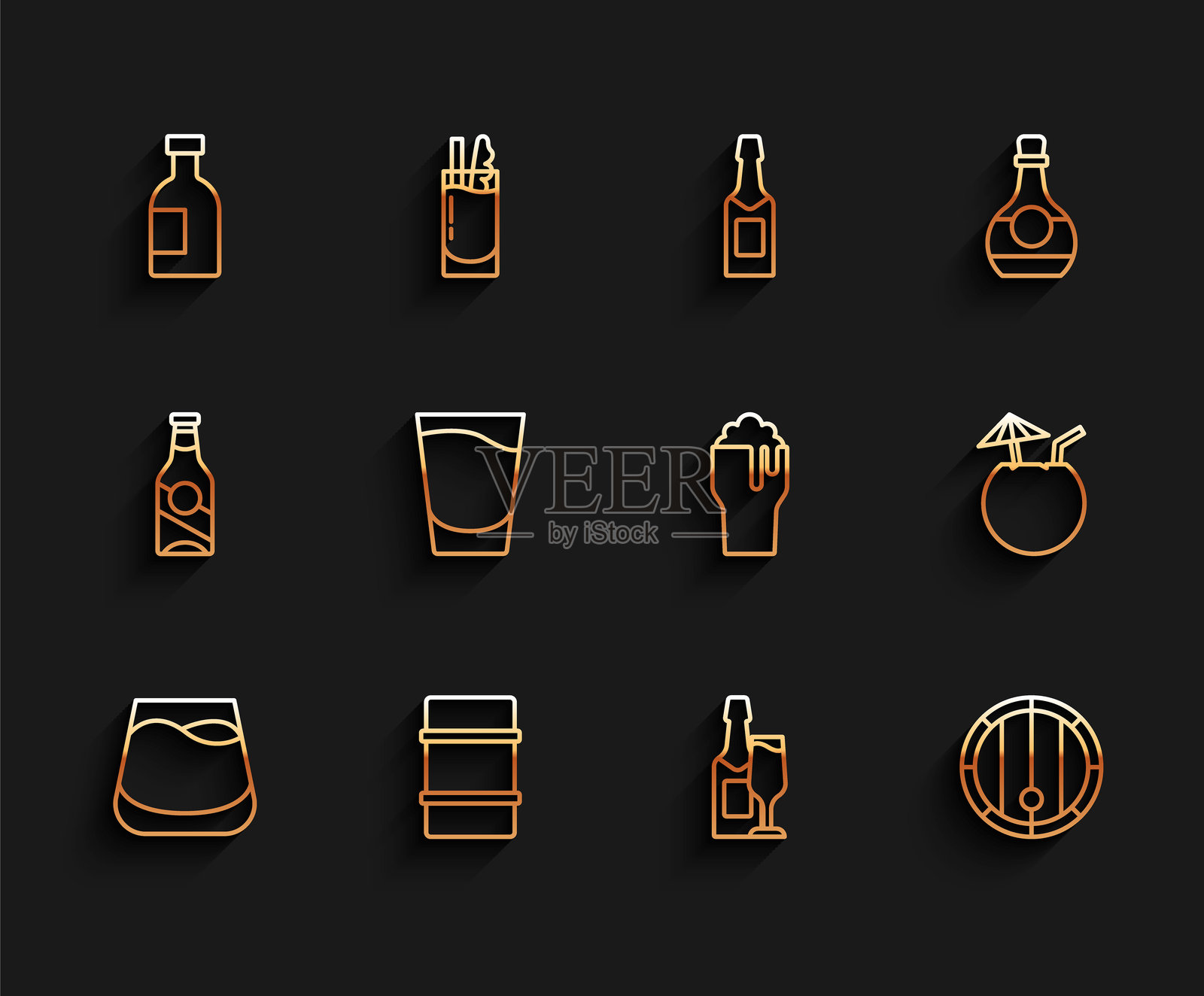 酒杯、金属啤酒桶、伏特加瓶、香槟和酒杯、木桶、烈酒、椰子鸡尾酒和图标。矢量图。插画图片素材