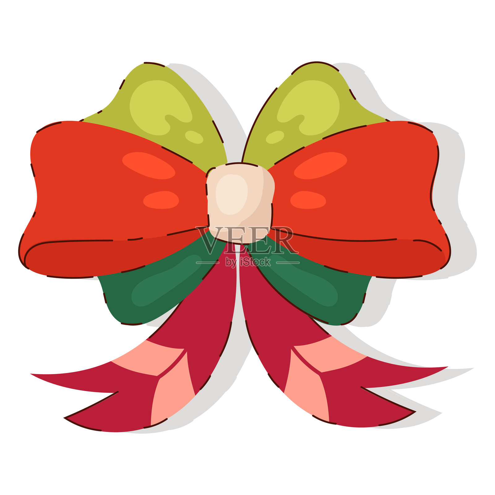 多彩的圣诞蝴蝶结,带有红色、绿色、黄色和粉色的丝带,孤立在白色背景上。可爱的复古风格蝴蝶结。复古丝带。可爱的搞笑蝴蝶结,完美适用于邀请函、卡片、海报、节日、贴纸。插画图片素材