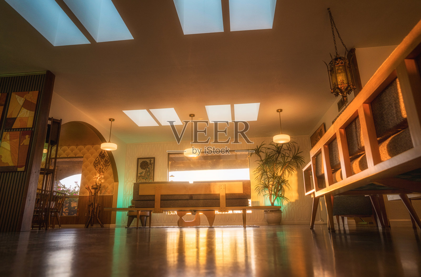 阳光明媚的中世纪现代客厅,配有天窗照片摄影图片