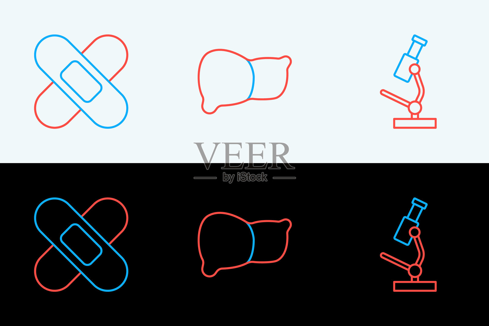 显微镜图标、交叉绷带胶布和人类器官肝脏图标。矢量图。插画图片素材