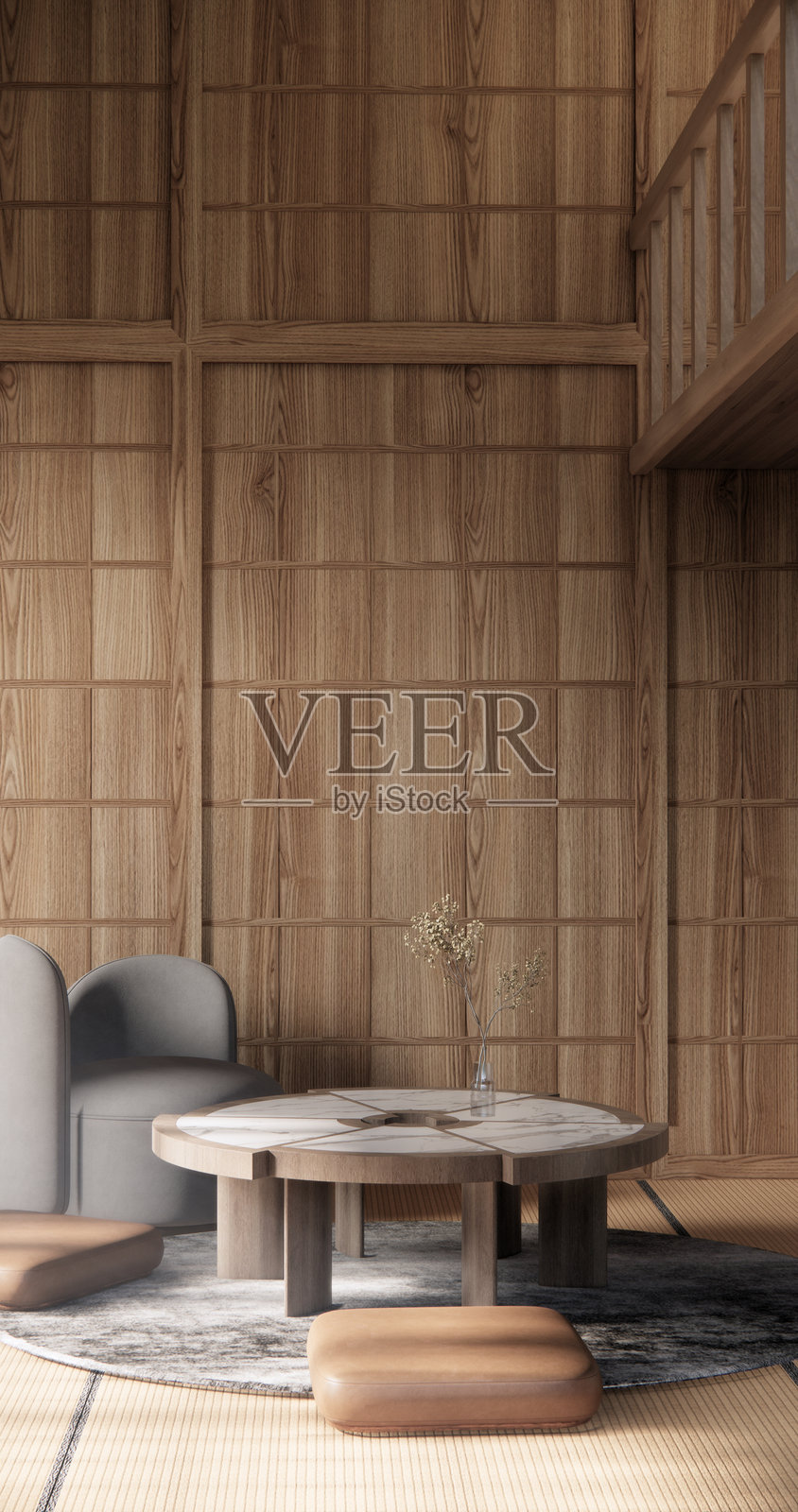 榻榻米桌,日本传统低桌,简约日式风格房间的装饰,3D渲染图照片摄影图片