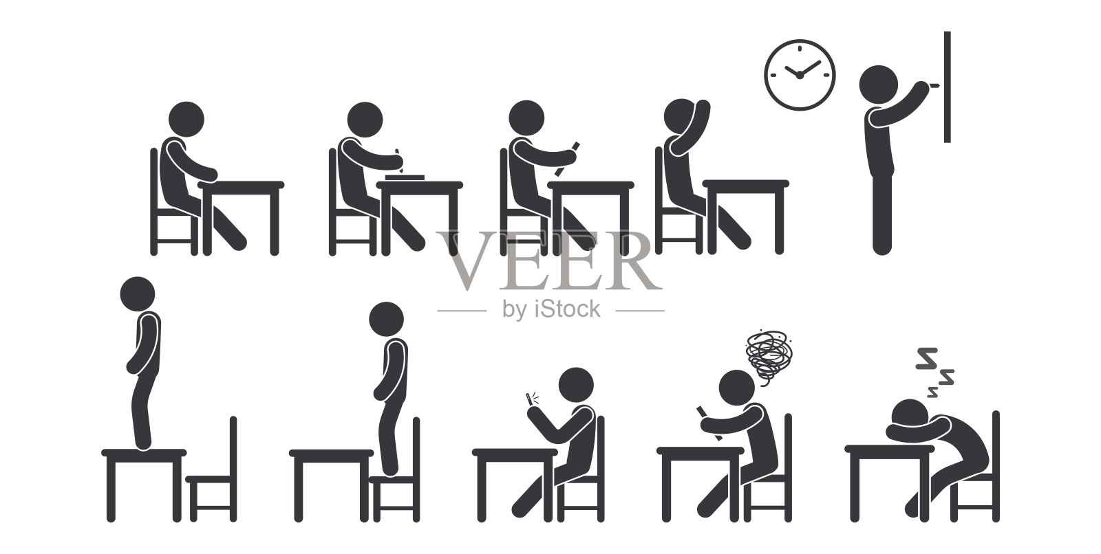 一组孤立的安全图标,展示了教室场景,学生们坐着学习,老师在课堂前积极授课。插画图片素材