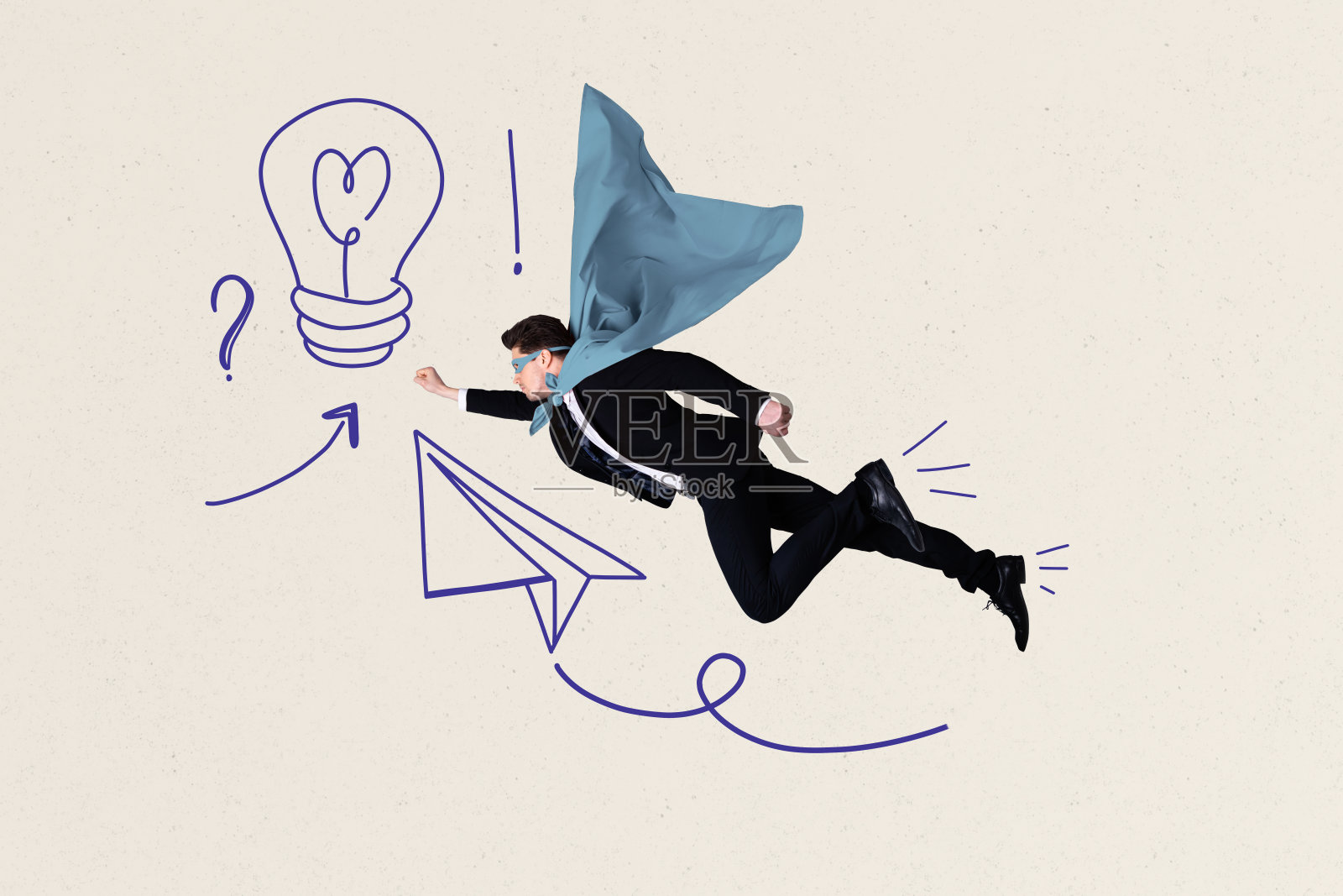 创意拼贴图:年轻商人企业家初创公司追求目标成功,灯泡、飞机、纸飞机、超级英雄照片摄影图片