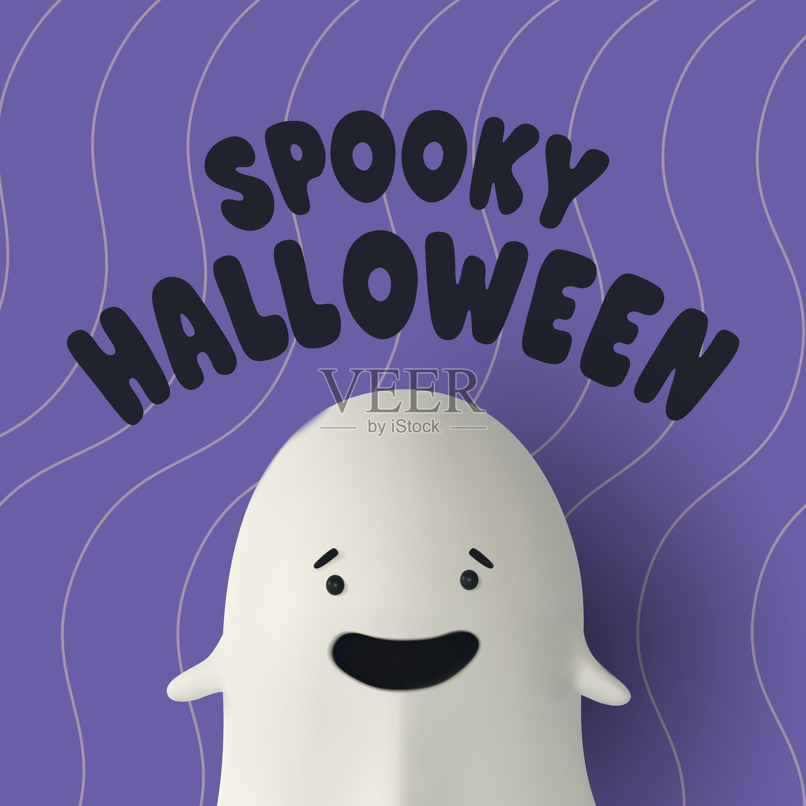 方形万圣节海报,背景为紫色,带有微笑的3D卡通鬼魂和阴森的字母。适合季节性问候、传单和社交媒体内容的有趣节日设计。矢量图。插画图片素材