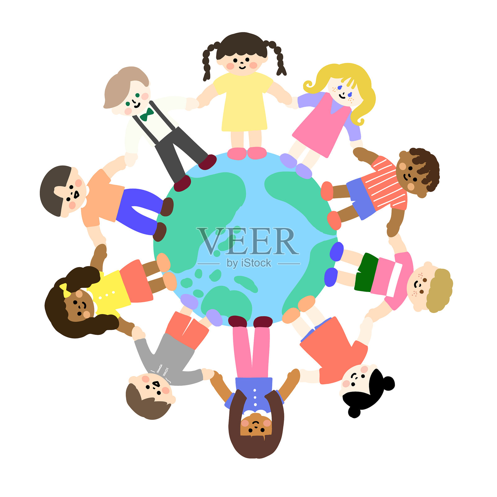 来自世界各地的孩子们手牵手围绕地球的可爱插图插画图片素材