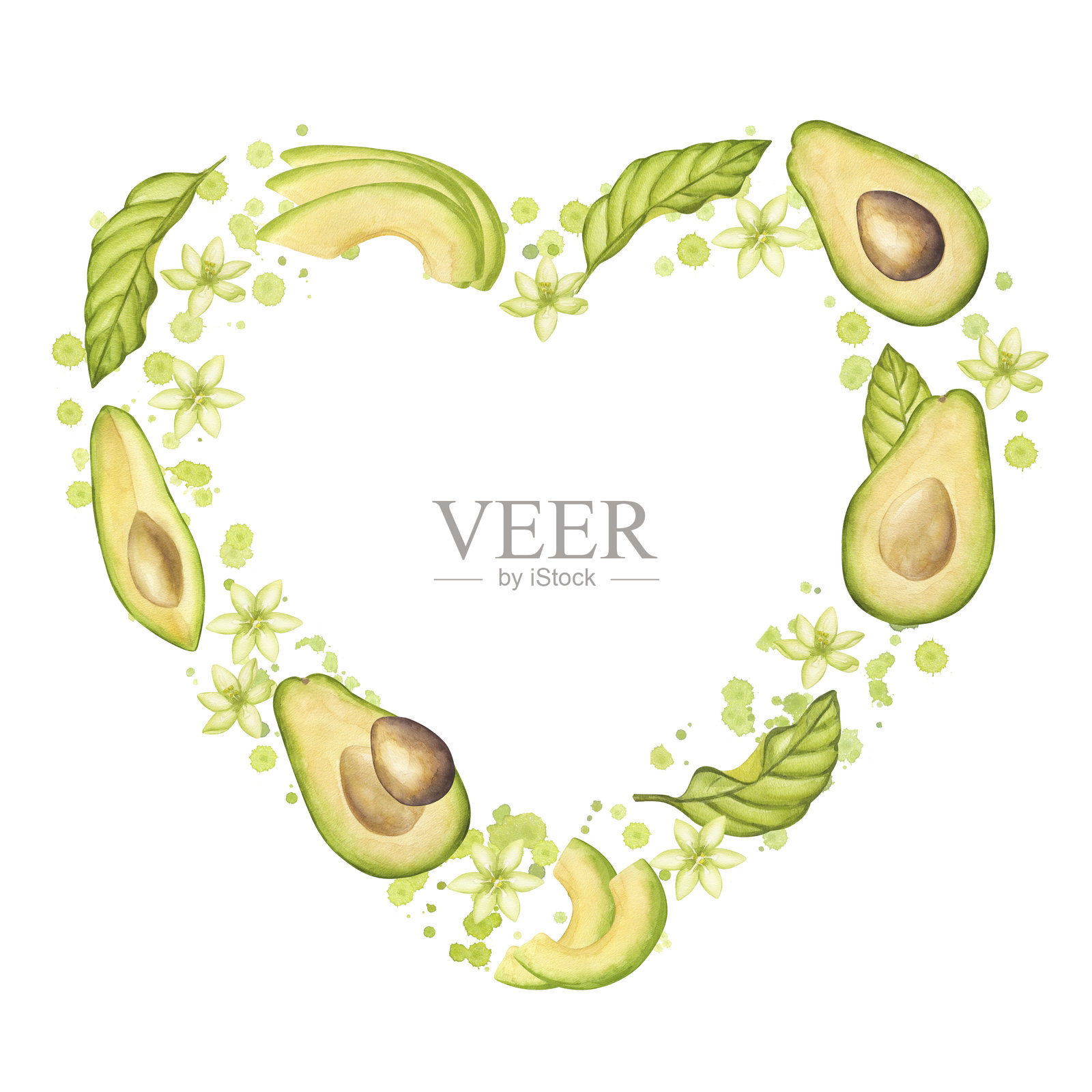 牛油果花环形状心形框架。果半带籽核,切片,绿叶,花,飞溅。植物植物剪贴画。手绘水彩插图孤立的背景。插画图片素材